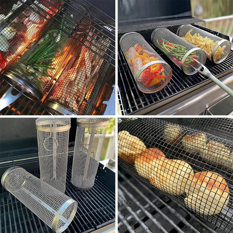 Portable BBQ Basket Stainless Steel Rolling Grilling Basket Wire Mesh Cylinder Grill Basket Round Outdoor Camping Barbecue Rack