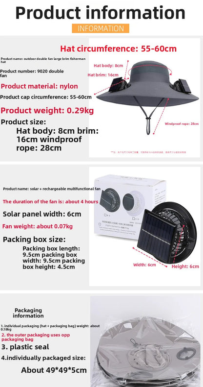 Summer New Dual Solar Fan Hat For Men Outdoor Fishing Sun Protection Visor Hat Large Brim Quick Drying Waterproof Bucket Hat