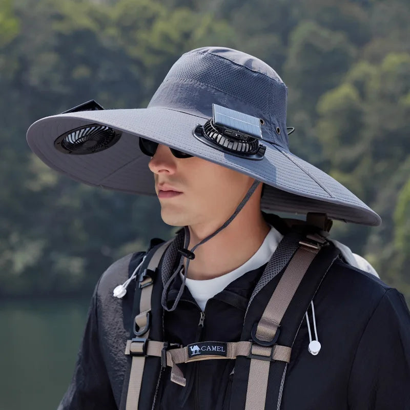 Summer New Dual Solar Fan Hat For Men Outdoor Fishing Sun Protection Visor Hat Large Brim Quick Drying Waterproof Bucket Hat