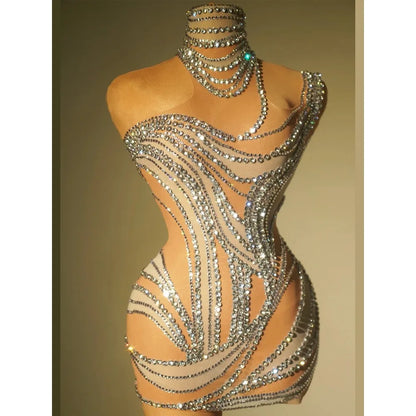 Sexy See Through Mesh Women Party Dress Birthday Sparkly Rhinestones Dinner Evening Dress Photo Shoot Sing Performance Costume