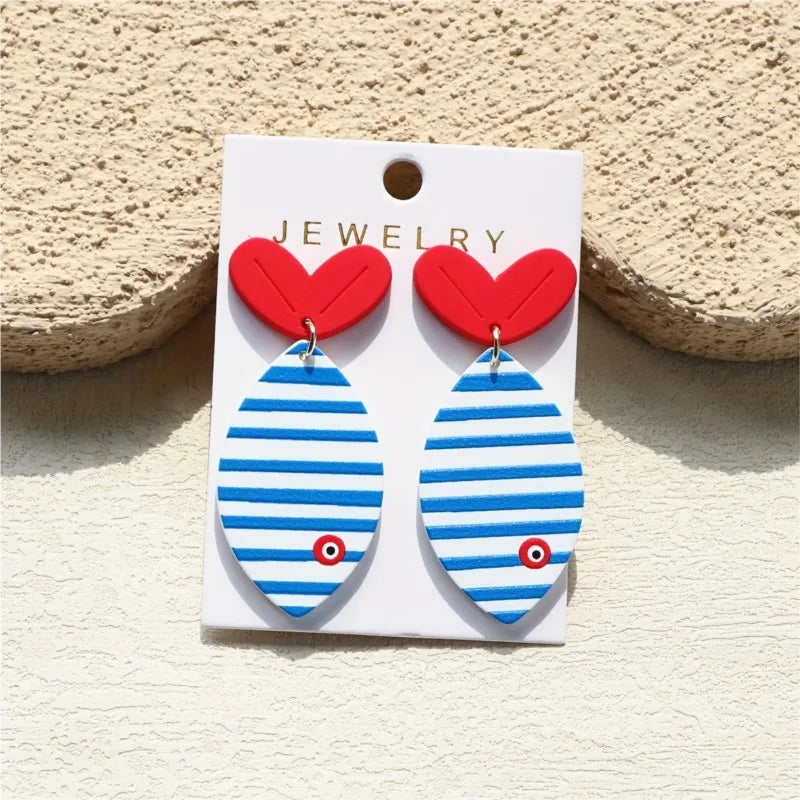 Ocean Blue Striped Print Fish Tail Acrylic Stud Earrings for Women Cute Beach Vacation Design Earrings Party Jewelry Gifts