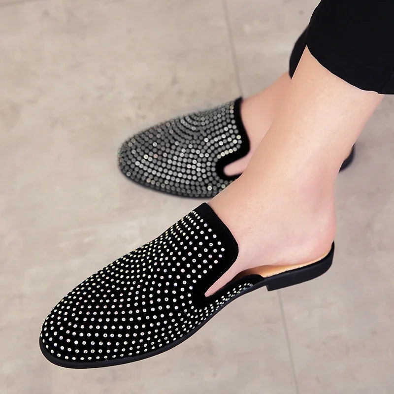 Luxury Glitter Rhinestone Leather Shoes Men Designer Outerwear Mules Casual Slides Slippers Sandals Male Fashion Shoes for Men