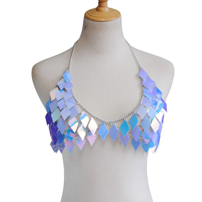 Sequins Skirt Set Women Festival Party Rave Outfit Backless Sexy Body Chain Nightclub Gogo Dancer Costume Summer Beach Wear Jazz