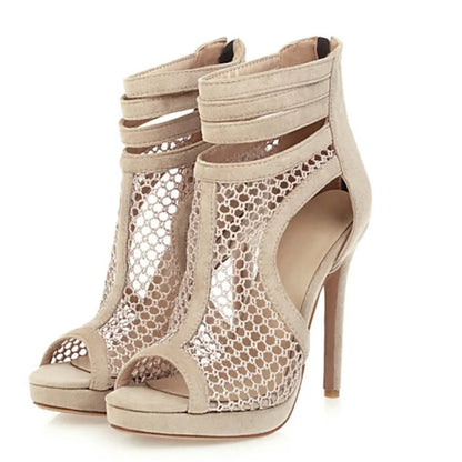 Peep Toe Mesh Sandals Women Sexy Summer Shoes Breathable Cool Party Dance Shoes High Heel Ankle Boots For Women Large Size 45