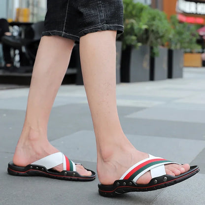 FUQIAO New Genuine Leather Men Slippers Beach Shoes Comfortable Men Summer Flat Heels Male Slides Luxury Plus Size 38-48