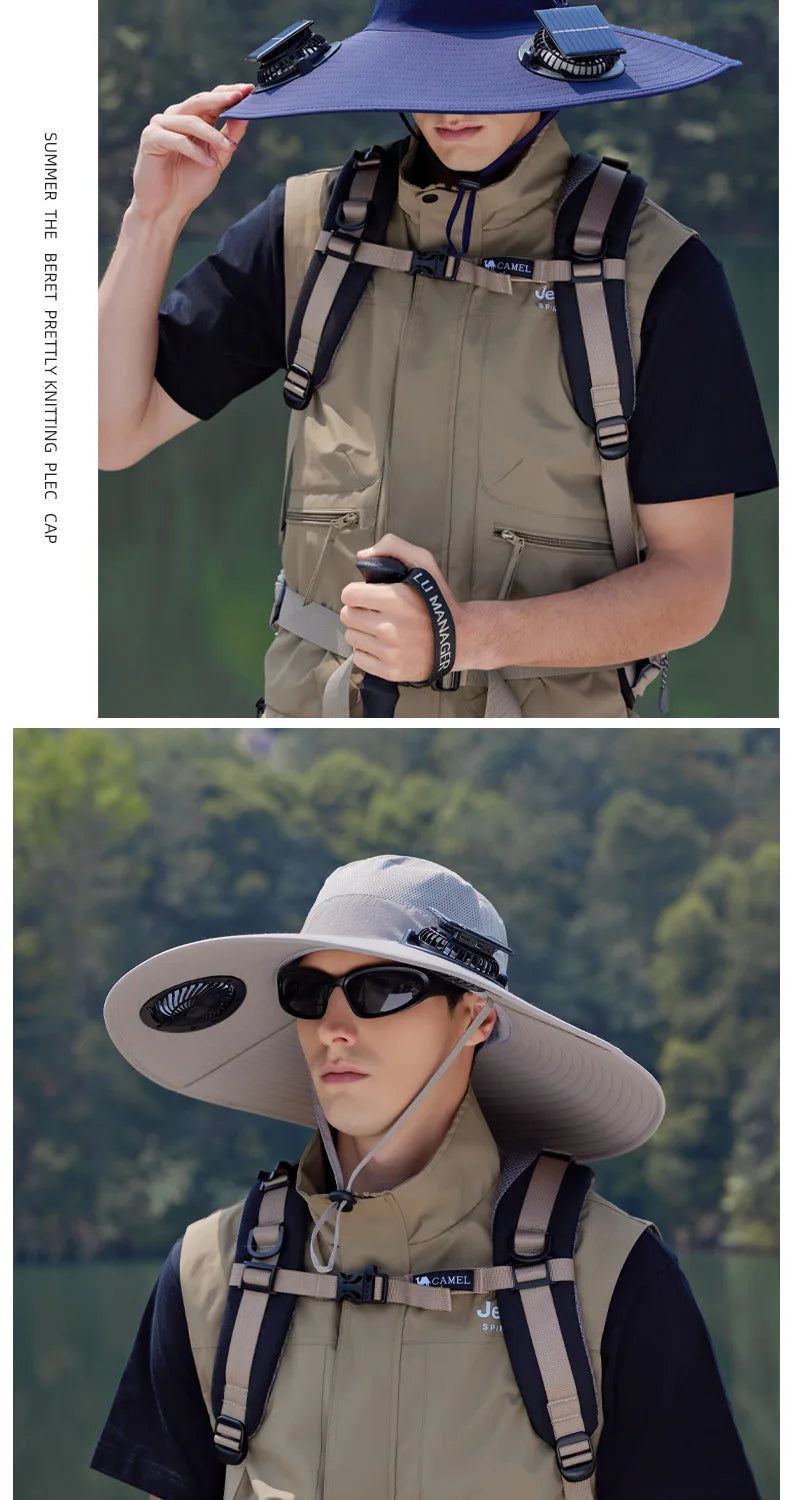 Summer New Dual Solar Fan Hat For Men Outdoor Fishing Sun Protection Visor Hat Large Brim Quick Drying Waterproof Bucket Hat
