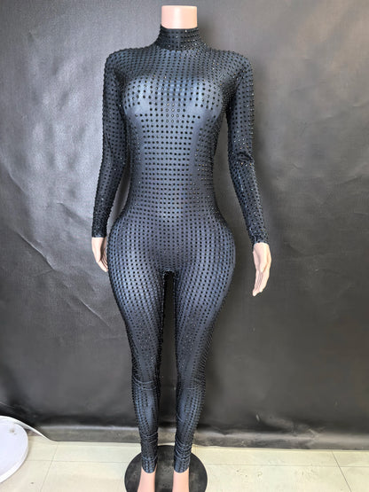 Sparkly Long Sleeve Crystal Rompers Pole DanceBodycon Bodysuits Stage Performance WearWomen Party One Piece Jumpsuits  7G