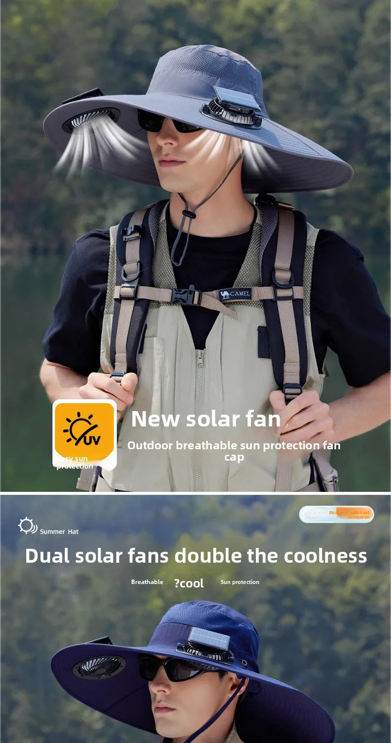 Summer New Dual Solar Fan Hat For Men Outdoor Fishing Sun Protection Visor Hat Large Brim Quick Drying Waterproof Bucket Hat