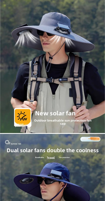 Summer New Dual Solar Fan Hat For Men Outdoor Fishing Sun Protection Visor Hat Large Brim Quick Drying Waterproof Bucket Hat