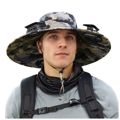 Mens Wide Brim Solar Fan Hat Outdoor 50+Upf Protection Sun Hats With 2 Solar Fan Hiking Fishing Solar Powered Visor Cap Dropping