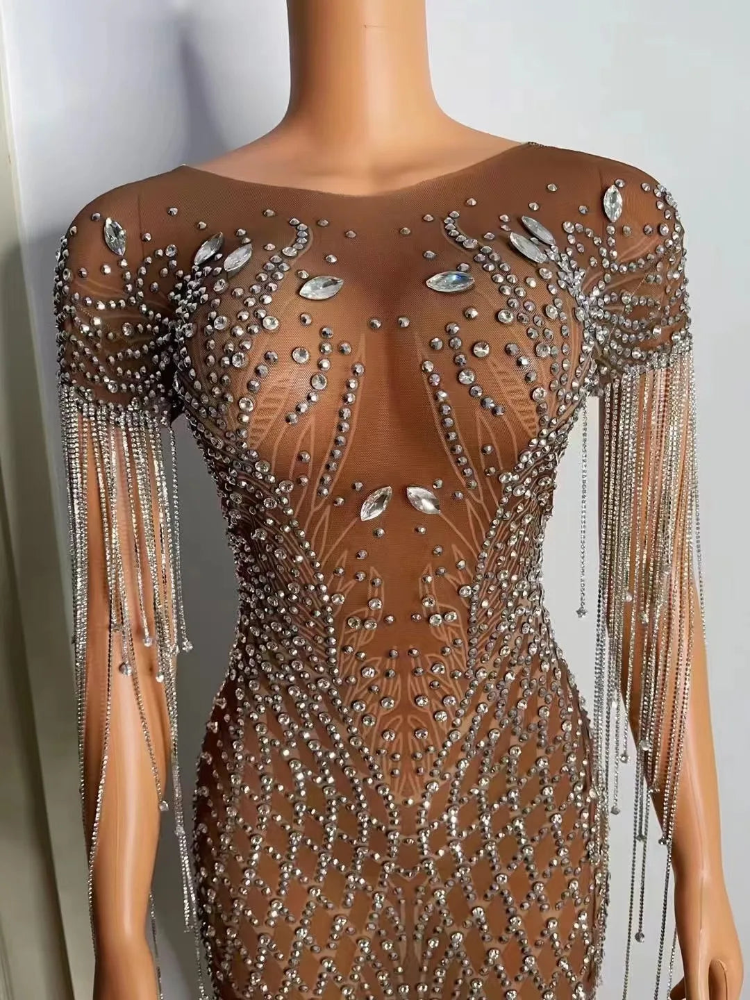 Sexy Silver Rhinestones Fringes Transparent Brown Mesh Stretch Dress Evening Birthday Celebrate Outfit Sexy Performance Dress