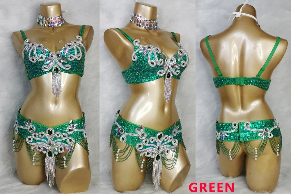Crystal Belly Dance Costume Samba show bikini Wear Bar+Belt 2pc Set Ladies Bellydancing Costumes Carnival women gogo costumes
