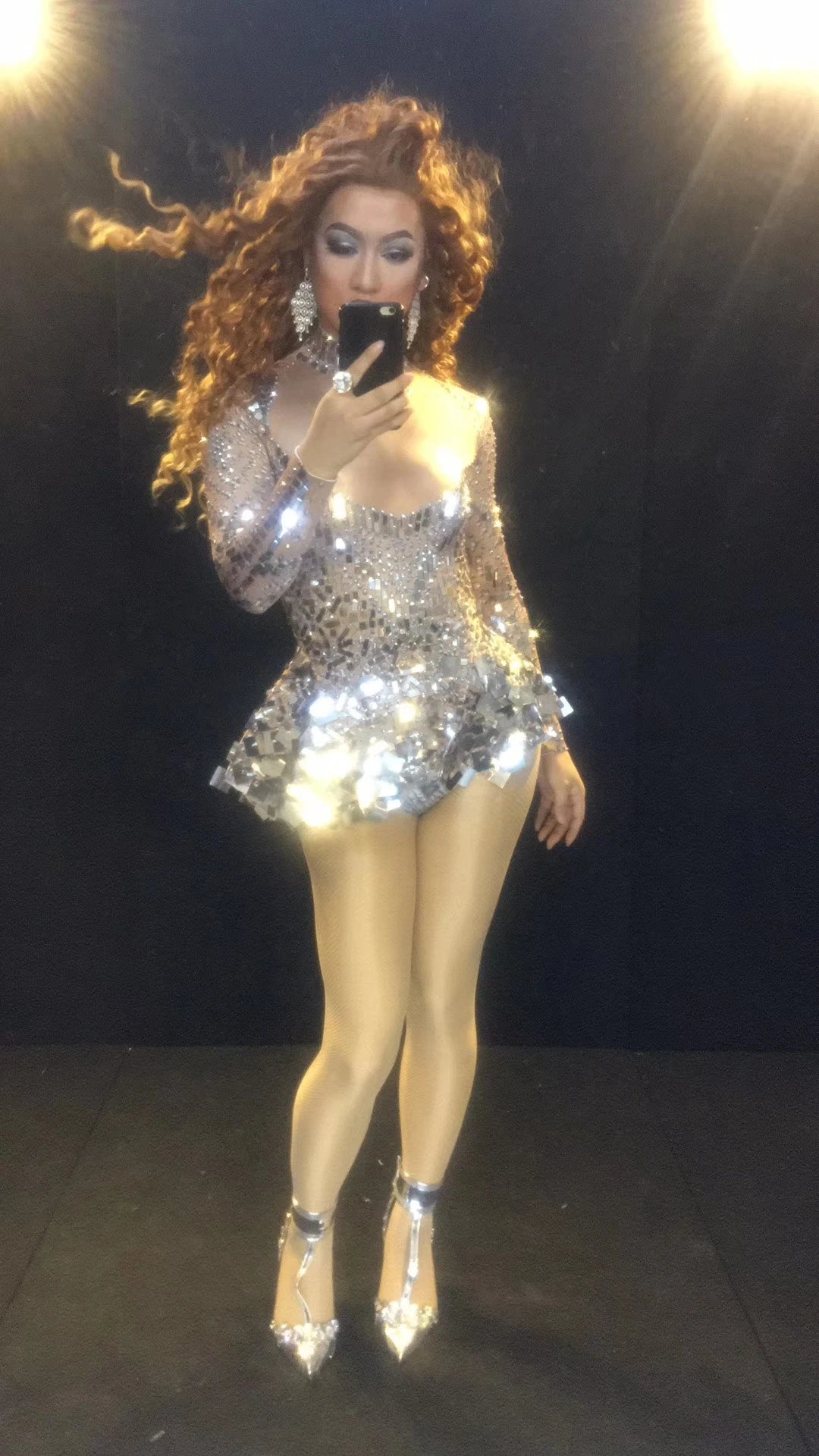 Women's Sexy Stage Rhinestones Mirrors Bodysuit Birthday Celebrate Party Outfit Singer Dancer Show Leotard Performance Costume