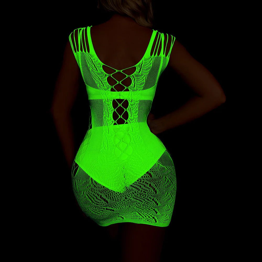 Pole Dance Clothing Luminous Glowing Lingerie Sexy Bodystocking Women Fishnet Gogo Dancer Outfit Rave Bodysuit Exotic Party