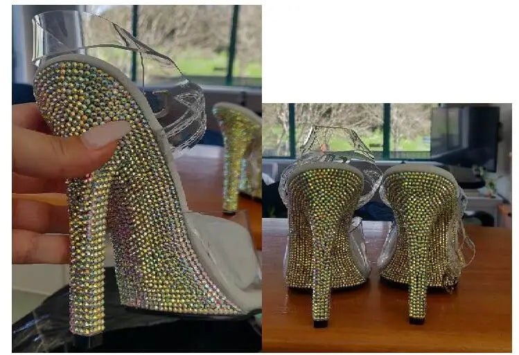 12cm high heel shoes modeling performance, bikini competition shoes, rhinestone soles stripper  fetish sandals evening 5 inches
