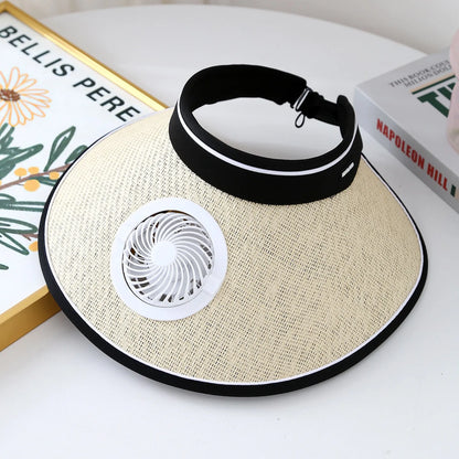 Wide Brim Sun Hat With Built-in Fan Summer Cap Outdoor Straw Visor Hat With Solar/USB Powered Fan For Camping Fishing Hiking