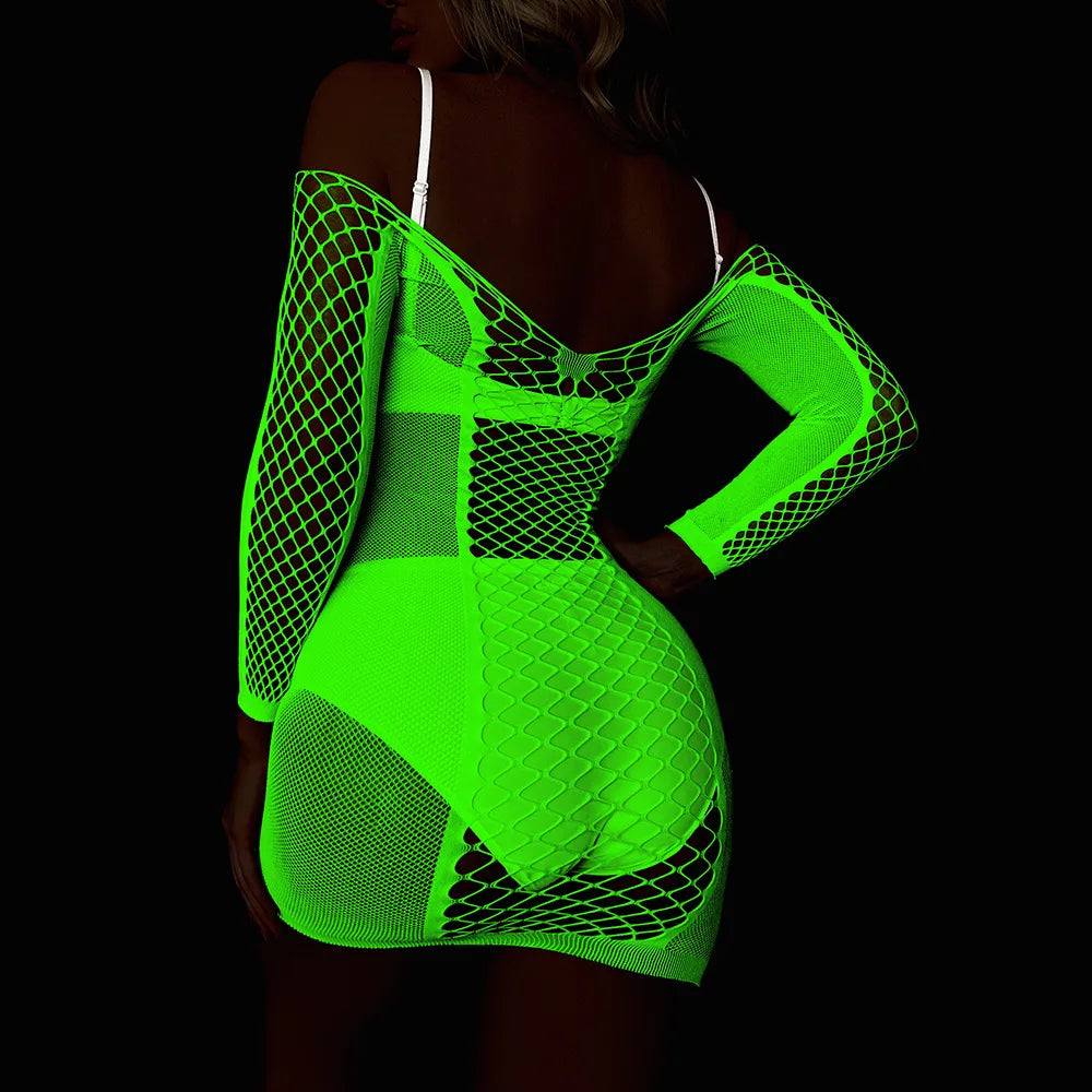 Pole Dance Clothing Luminous Glowing Lingerie Sexy Bodystocking Women Fishnet Gogo Dancer Outfit Rave Bodysuit Exotic Party