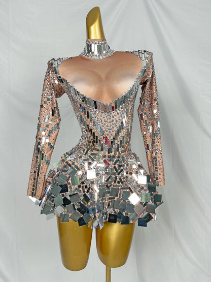 Women's Sexy Stage Rhinestones Mirrors Bodysuit Birthday Celebrate Party Outfit Singer Dancer Show Leotard Performance Costume