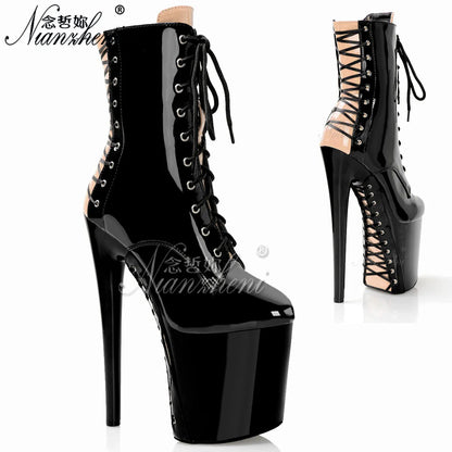 Clubbing gladiator Big Size Pole Dance Shoes Platform Ankle Boots 20cm Lace Up Stripper 8Inches High Heels Exotic  Sexy Fetish