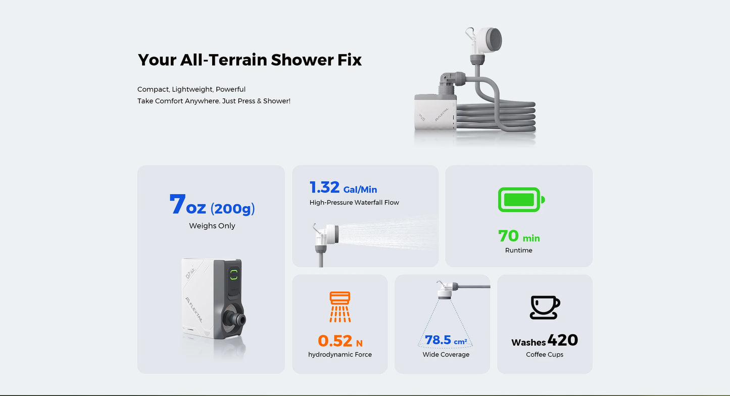 FLEXTAILGEAR Outdoor Camping TINY SHOWER IPX7 Waterproof Portable Electric Shower Pump for Outdoor and Home Cleaning