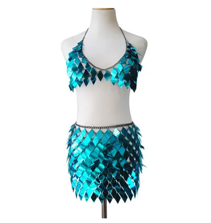 Sequins Skirt Set Women Festival Party Rave Outfit Backless Sexy Body Chain Nightclub Gogo Dancer Costume Summer Beach Wear Jazz