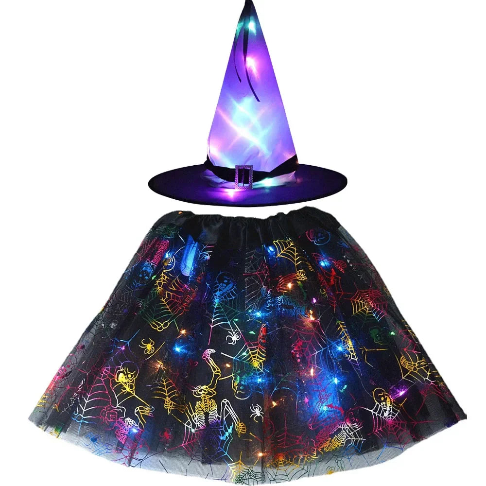Women Kids Girl Luminous LED Glow Light Up Elf Witch Hat Star Skirt Spider Web Tutu Wizard Costume Party Gift Halloween Festival