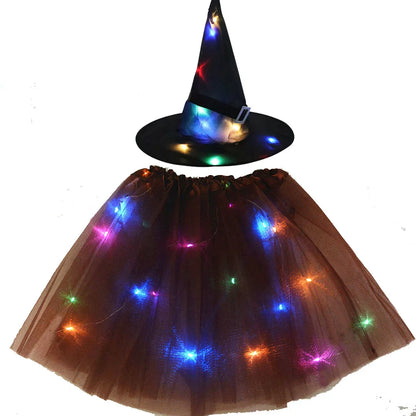 Women Kids Girl Luminous LED Glow Light Up Elf Witch Hat Star Skirt Spider Web Tutu Wizard Costume Party Gift Halloween Festival