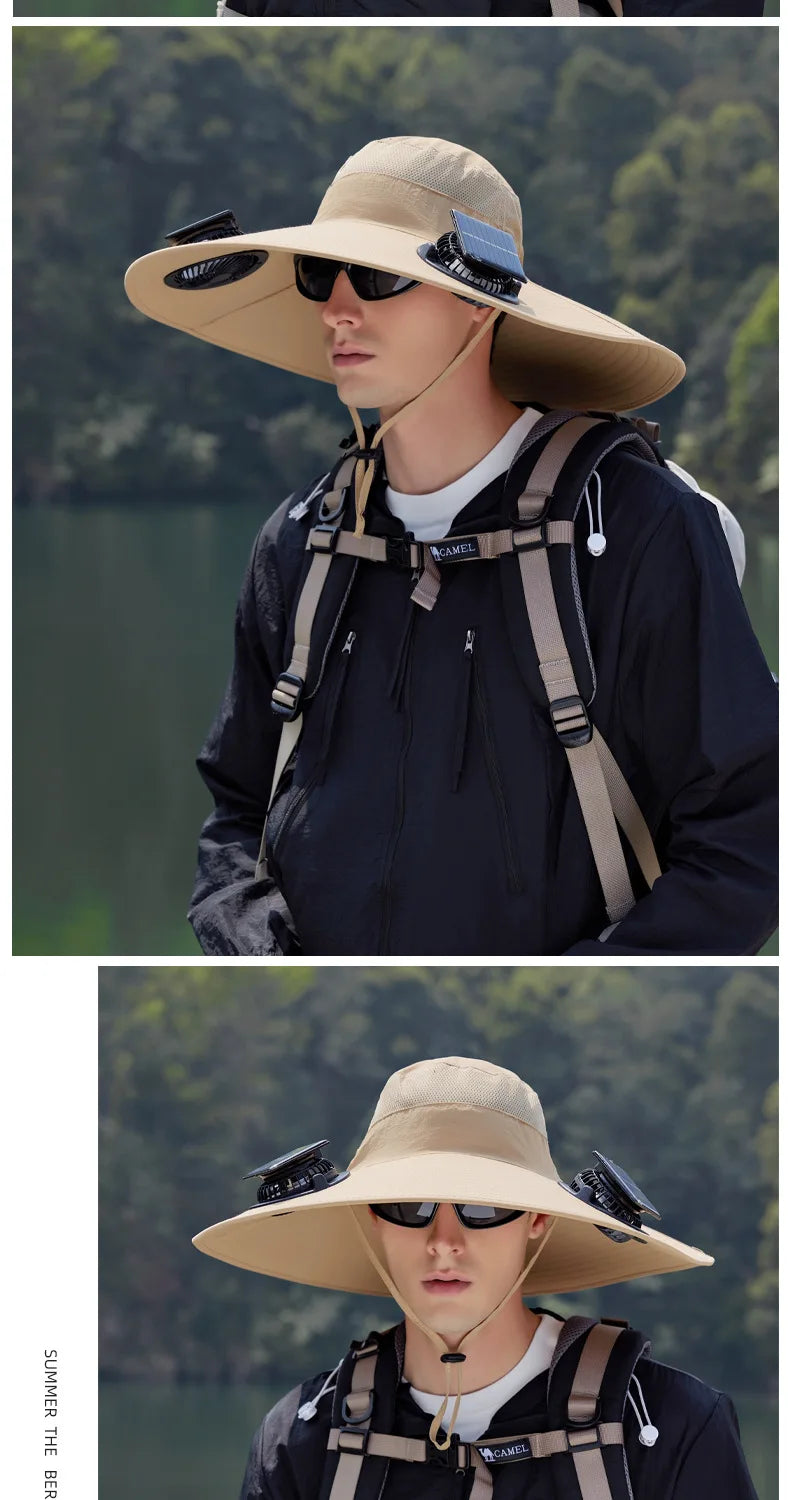 Summer New Dual Solar Fan Hat For Men Outdoor Fishing Sun Protection Visor Hat Large Brim Quick Drying Waterproof Bucket Hat