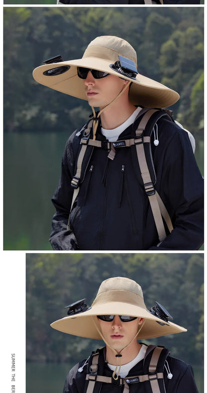 Summer New Dual Solar Fan Hat For Men Outdoor Fishing Sun Protection Visor Hat Large Brim Quick Drying Waterproof Bucket Hat