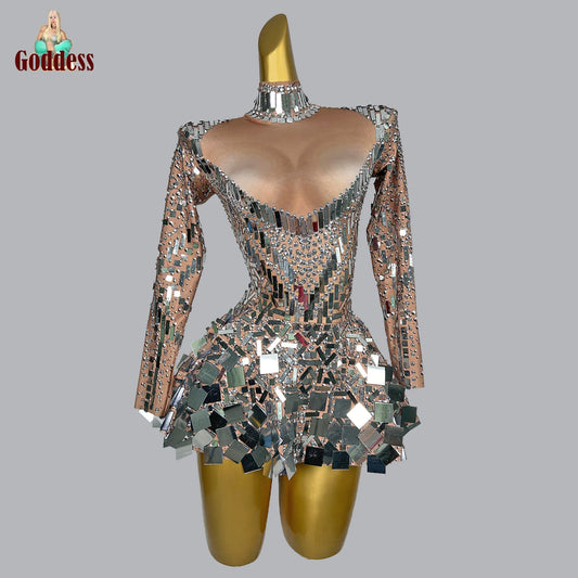 Women's Sexy Stage Rhinestones Mirrors Bodysuit Birthday Celebrate Party Outfit Singer Dancer Show Leotard Performance Costume