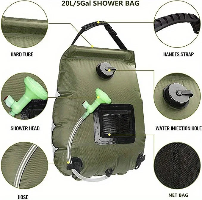 5-gallon solar-heated camping shower bag - Portable bath bag, suitable for outdoor travel, climbing, hiking, beach and swimming