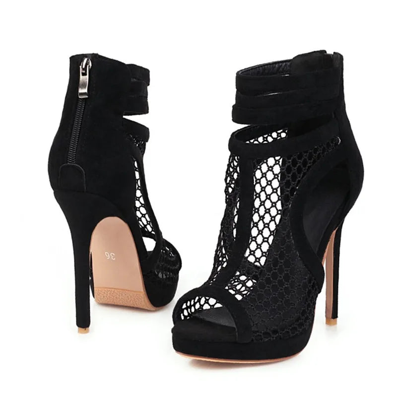Peep Toe Mesh Sandals Women Sexy Summer Shoes Breathable Cool Party Dance Shoes High Heel Ankle Boots For Women Large Size 45