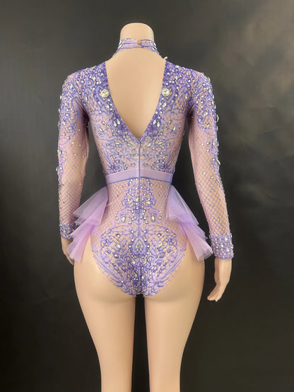 Sparkly Rhinestones Bodysuit Women ElasticPink Mesh Ruffles Crystal Leotard NightclubDancer Costume Stage Wear Party Outfit 7G