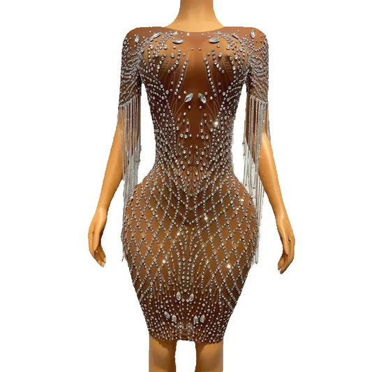 Sexy Silver Rhinestones Fringes Transparent Brown Mesh Stretch Dress Evening Birthday Celebrate Outfit Sexy Performance Dress