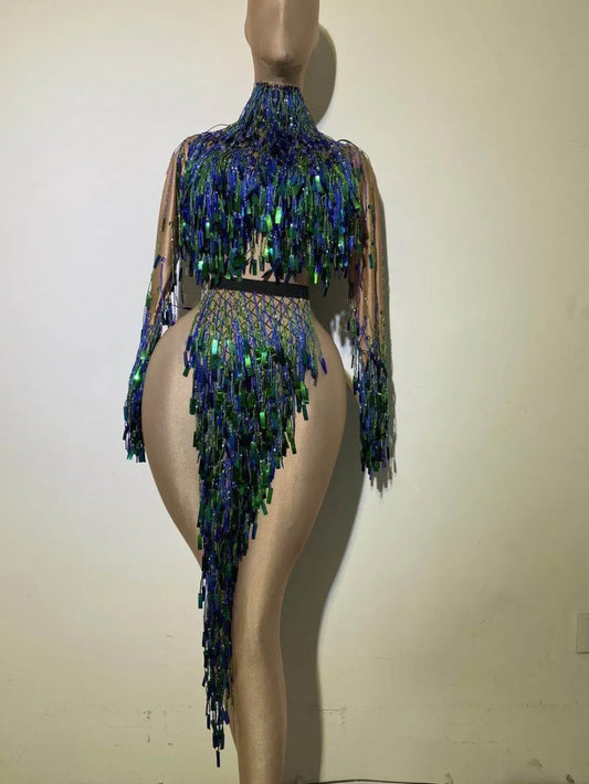 Showgirl Performance Costumes Sexy Sequins Bare leg Dancer with Tassel Stage Dress Party Women Backless Nightclub Dress