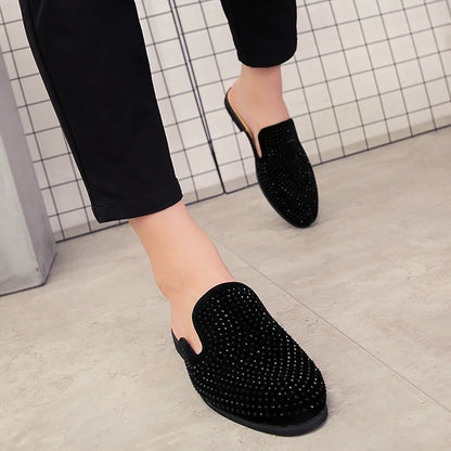 Luxury Glitter Rhinestone Leather Shoes Men Designer Outerwear Mules Casual Slides Slippers Sandals Male Fashion Shoes for Men