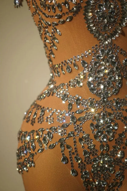 Club Birthday Leotard Dancer Playsuit Performance Wear Mesh Rhinestone Jumpsuit Sexy Women See Through Crystal Bodysuits