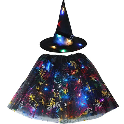Women Kids Girl Luminous LED Glow Light Up Elf Witch Hat Star Skirt Spider Web Tutu Wizard Costume Party Gift Halloween Festival