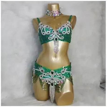 Crystal Belly Dance Costume Samba show bikini Wear Bar+Belt 2pc Set Ladies Bellydancing Costumes Carnival women gogo costumes