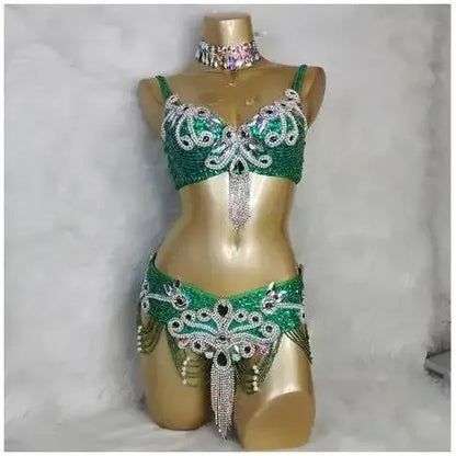 Crystal Belly Dance Costume Samba show bikini Wear Bar+Belt 2pc Set Ladies Bellydancing Costumes Carnival women gogo costumes