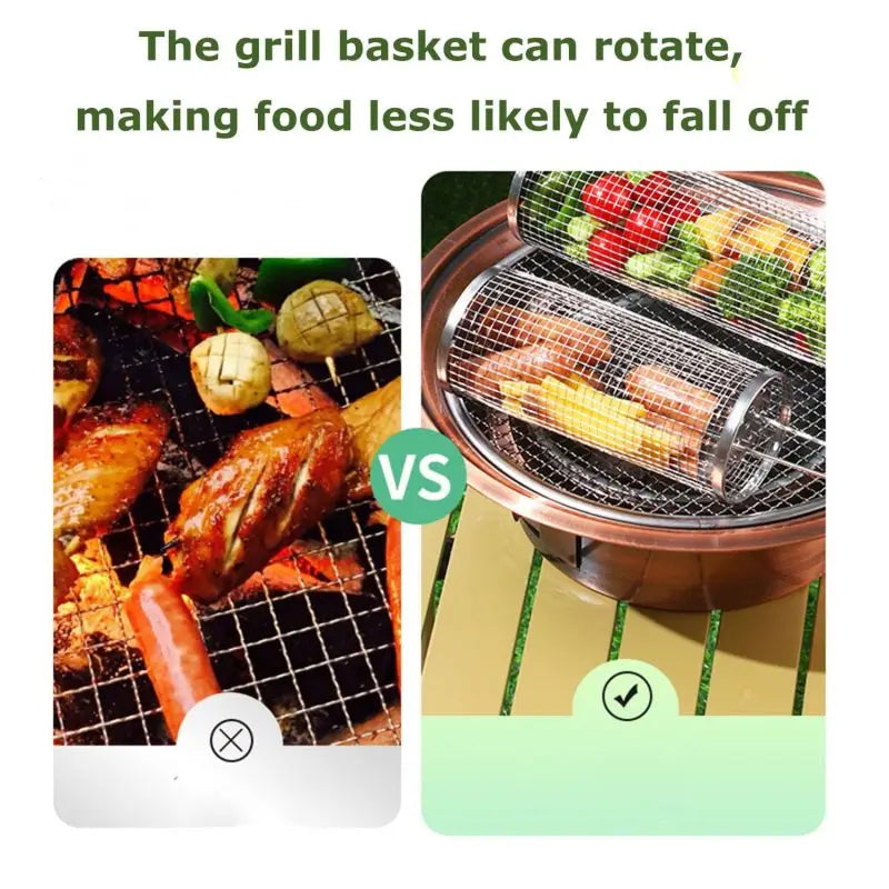 Rolling BBQ Grilling Basket Portable Bbq Vegetable Grill Basket Outdoor BBQ Accessories Round Barbecue Rack French Fries Fish