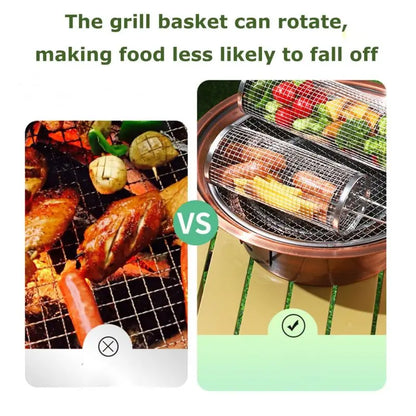 Rolling BBQ Grilling Basket Portable Bbq Vegetable Grill Basket Outdoor BBQ Accessories Round Barbecue Rack French Fries Fish