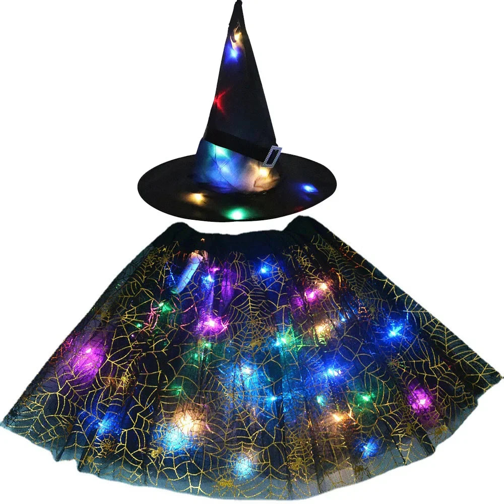 Women Kids Girl Luminous LED Glow Light Up Elf Witch Hat Star Skirt Spider Web Tutu Wizard Costume Party Gift Halloween Festival