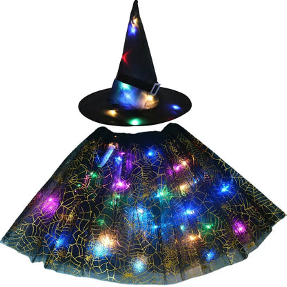 Women Kids Girl Luminous LED Glow Light Up Elf Witch Hat Star Skirt Spider Web Tutu Wizard Costume Party Gift Halloween Festival
