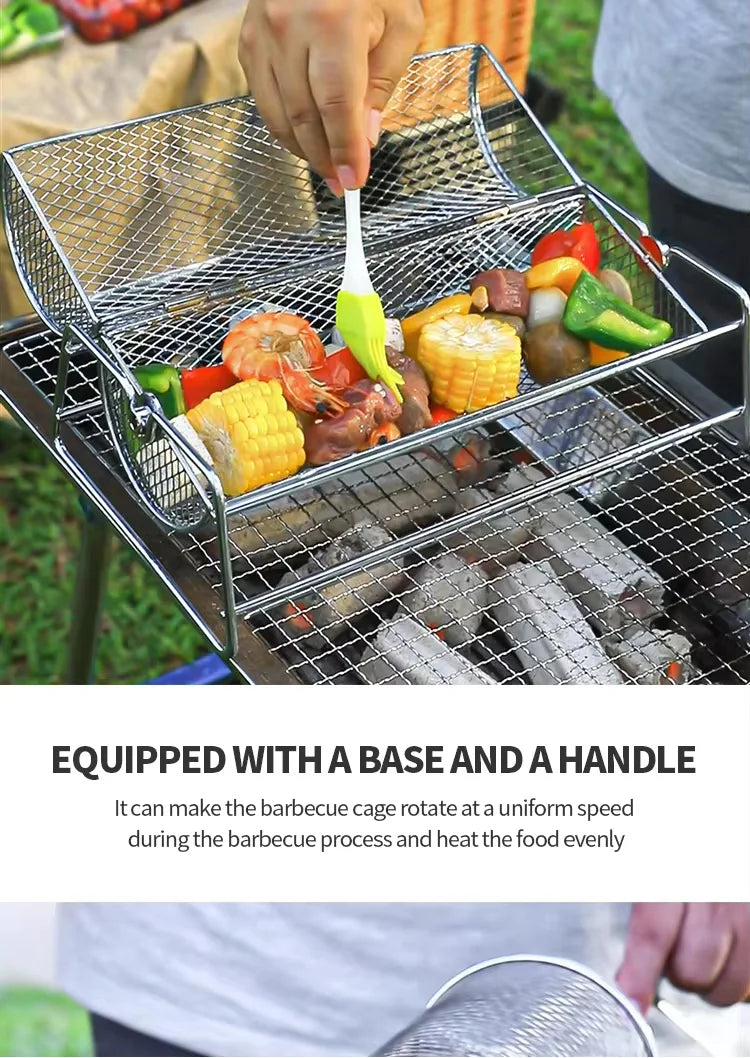 Stainless Steel Rolling BBQ Grill Mesh Basket Grill Rotisserie Basket roll Barbecue cage Roaster