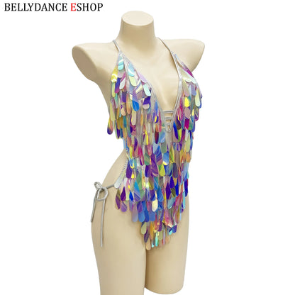 Sparkly Beaded One-Piece Bodysuit Sexy Party Show Club Wear Rave Nightclub Outfit gogo costume Stage Performance Dance Clothes