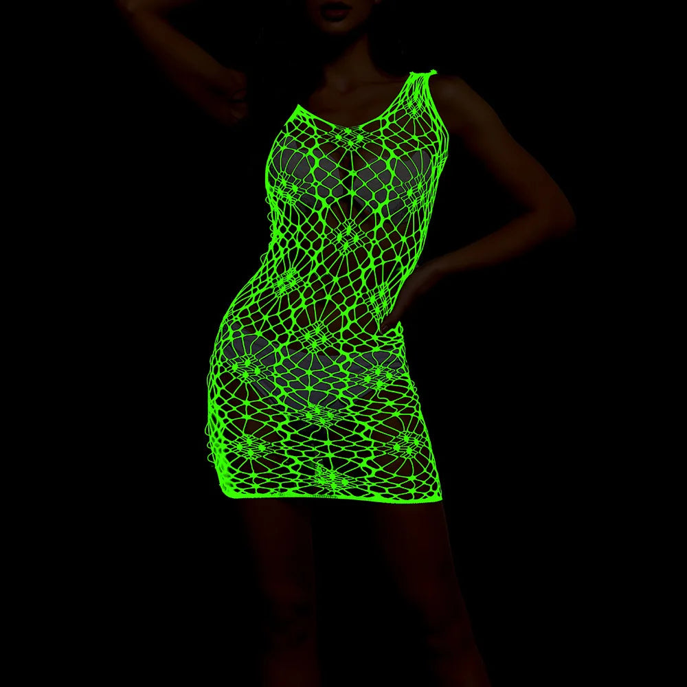 Pole Dance Clothing Luminous Glowing Lingerie Sexy Bodystocking Women Fishnet Gogo Dancer Outfit Rave Bodysuit Exotic Party