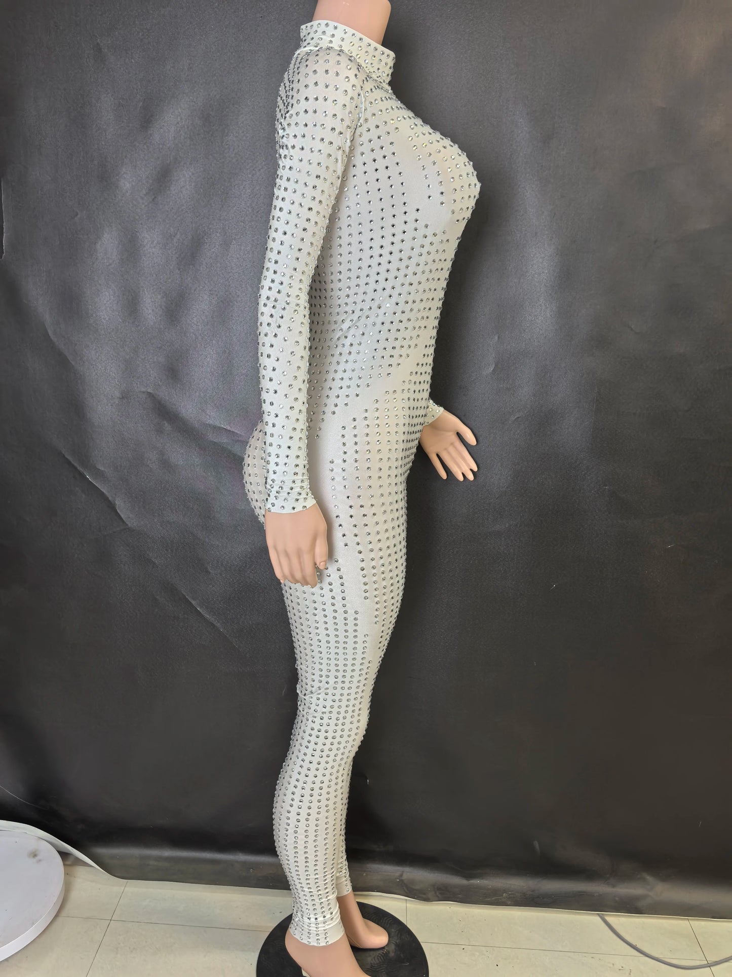 Sparkly Long Sleeve Crystal Rompers Pole DanceBodycon Bodysuits Stage Performance WearWomen Party One Piece Jumpsuits  7G