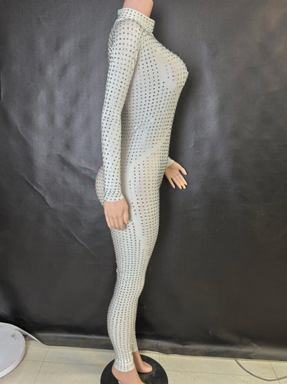 Sparkly Long Sleeve Crystal Rompers Pole DanceBodycon Bodysuits Stage Performance WearWomen Party One Piece Jumpsuits  7G