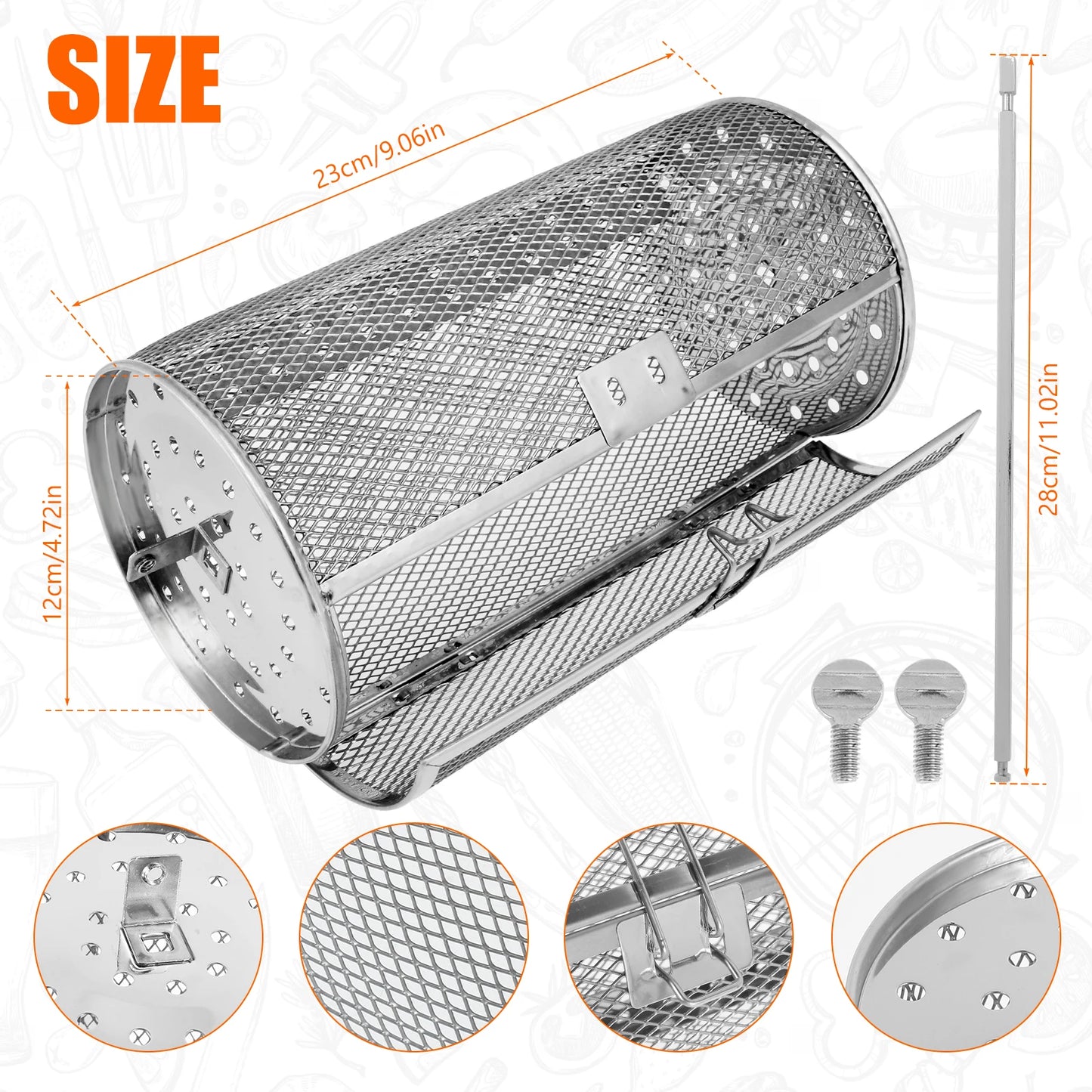 Rotisserie Basket 360° Rotated Stainless Steel Rotisserie Grill Roaster Non-Stick Washable Heat Resistant Oven Round Rack Basket